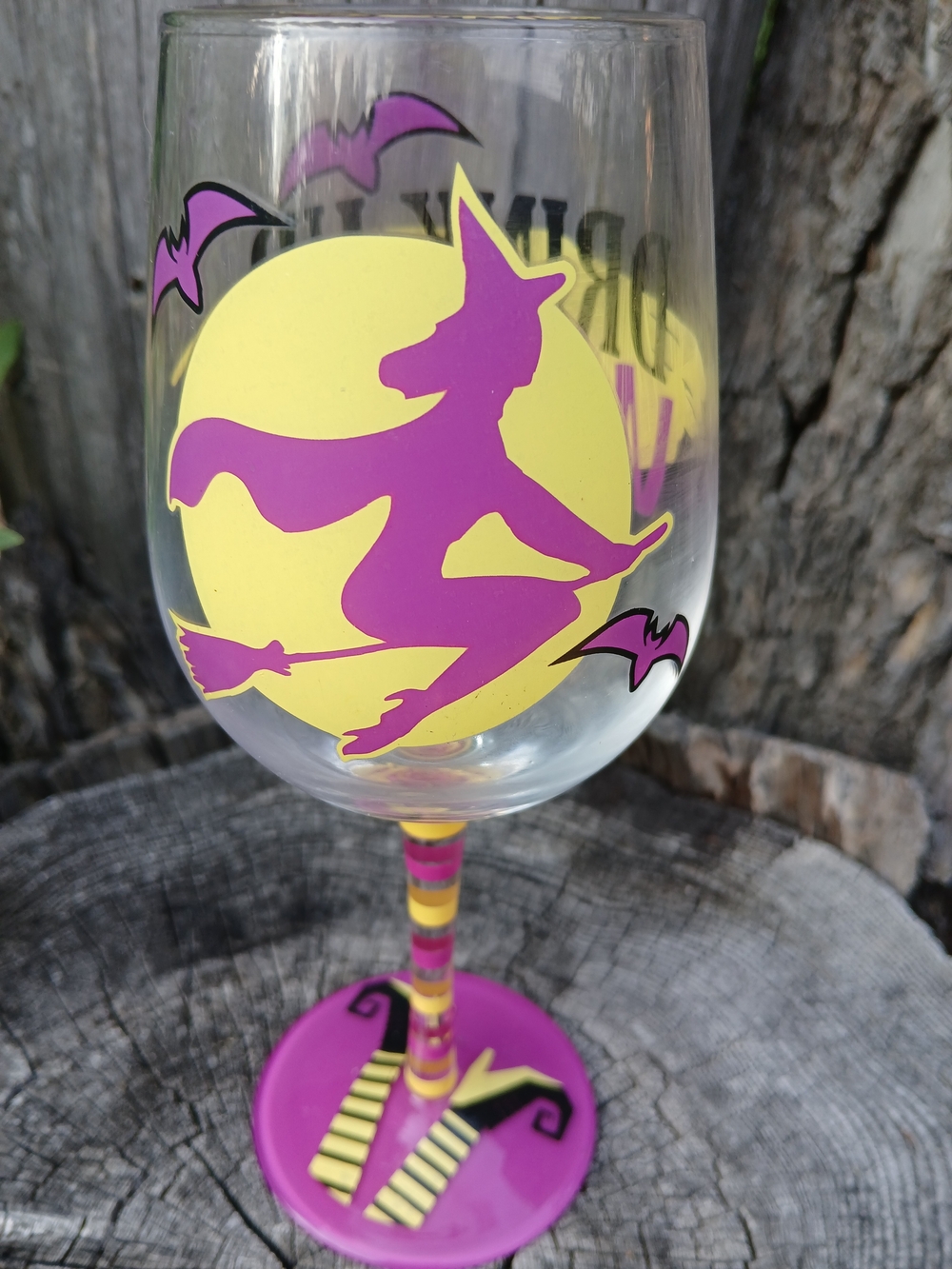 Drink Up Witches! Purple & Yellow Halloween Wine Glass Hand Painted - Picture 2 of 4